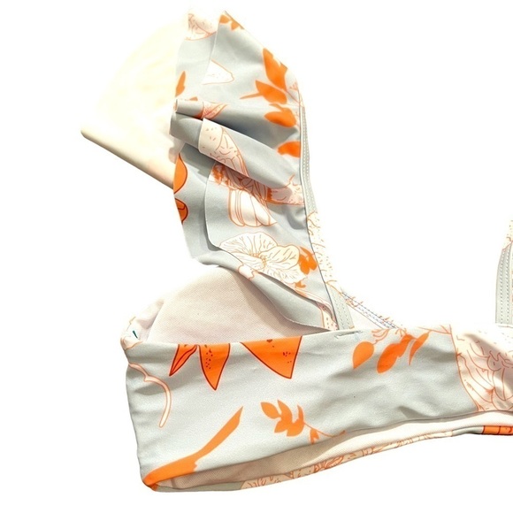 Bikini Top Light Blue White Orange Floral Birds Ruffle M - Picture 6 of 8
